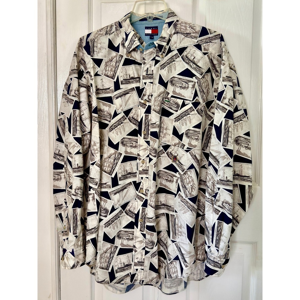 Tommy Hilfiger Vintage Nautical Ship Print Button Down Shirt Navy Greige Large